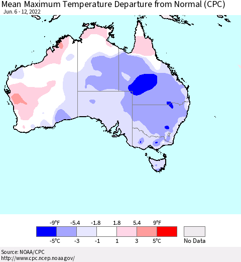 Australia Mean Maximum Temperature Departure from Normal (CPC) Thematic Map For 6/6/2022 - 6/12/2022