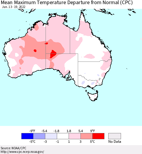 Australia Mean Maximum Temperature Departure from Normal (CPC) Thematic Map For 6/13/2022 - 6/19/2022
