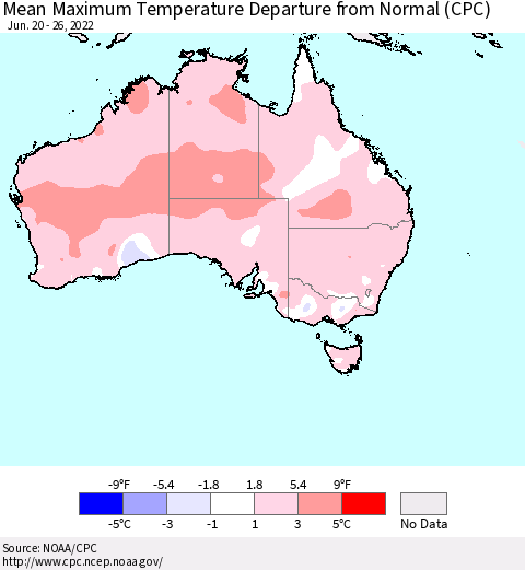 Australia Mean Maximum Temperature Departure from Normal (CPC) Thematic Map For 6/20/2022 - 6/26/2022