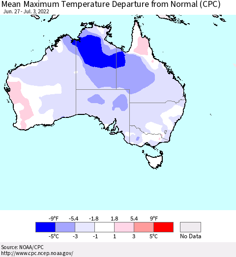 Australia Mean Maximum Temperature Departure from Normal (CPC) Thematic Map For 6/27/2022 - 7/3/2022