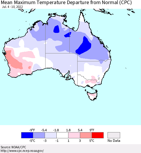 Australia Mean Maximum Temperature Departure from Normal (CPC) Thematic Map For 7/4/2022 - 7/10/2022