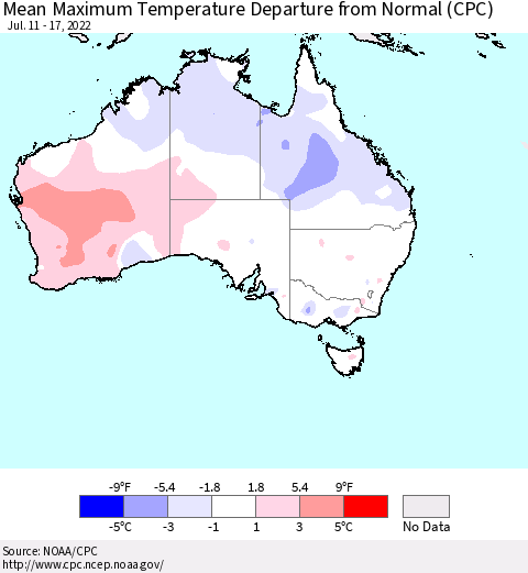 Australia Mean Maximum Temperature Departure from Normal (CPC) Thematic Map For 7/11/2022 - 7/17/2022