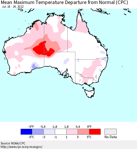 Australia Mean Maximum Temperature Departure from Normal (CPC) Thematic Map For 7/18/2022 - 7/24/2022