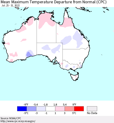 Australia Mean Maximum Temperature Departure from Normal (CPC) Thematic Map For 7/25/2022 - 7/31/2022