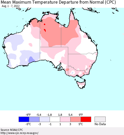 Australia Mean Maximum Temperature Departure from Normal (CPC) Thematic Map For 8/1/2022 - 8/7/2022