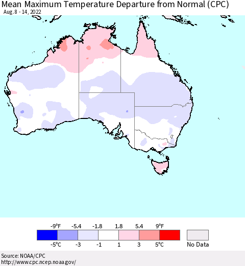 Australia Mean Maximum Temperature Departure from Normal (CPC) Thematic Map For 8/8/2022 - 8/14/2022