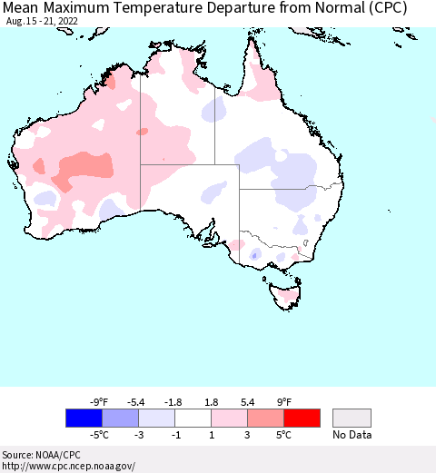 Australia Mean Maximum Temperature Departure from Normal (CPC) Thematic Map For 8/15/2022 - 8/21/2022