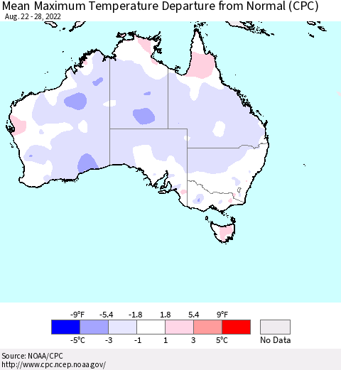 Australia Mean Maximum Temperature Departure from Normal (CPC) Thematic Map For 8/22/2022 - 8/28/2022