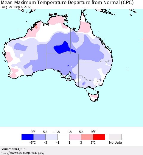 Australia Mean Maximum Temperature Departure from Normal (CPC) Thematic Map For 8/29/2022 - 9/4/2022