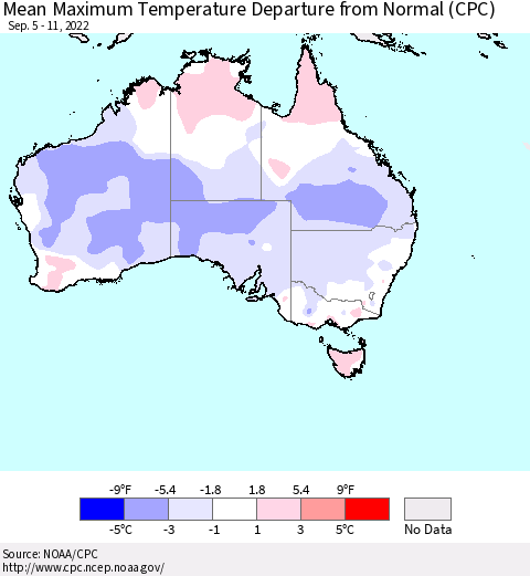 Australia Mean Maximum Temperature Departure from Normal (CPC) Thematic Map For 9/5/2022 - 9/11/2022