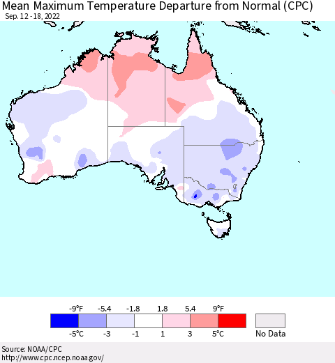 Australia Mean Maximum Temperature Departure from Normal (CPC) Thematic Map For 9/12/2022 - 9/18/2022