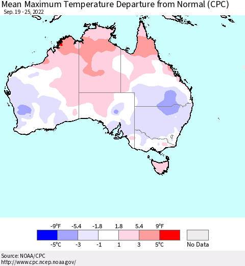 Australia Mean Maximum Temperature Departure from Normal (CPC) Thematic Map For 9/19/2022 - 9/25/2022