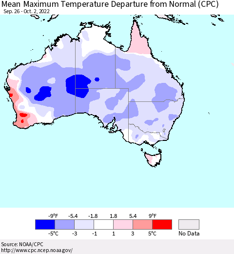 Australia Mean Maximum Temperature Departure from Normal (CPC) Thematic Map For 9/26/2022 - 10/2/2022