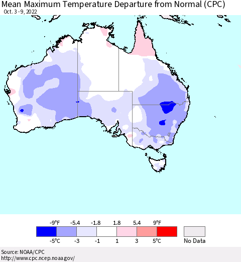 Australia Mean Maximum Temperature Departure from Normal (CPC) Thematic Map For 10/3/2022 - 10/9/2022