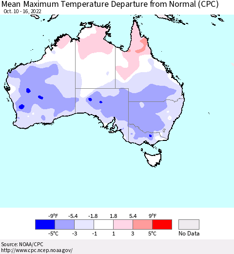 Australia Mean Maximum Temperature Departure from Normal (CPC) Thematic Map For 10/10/2022 - 10/16/2022