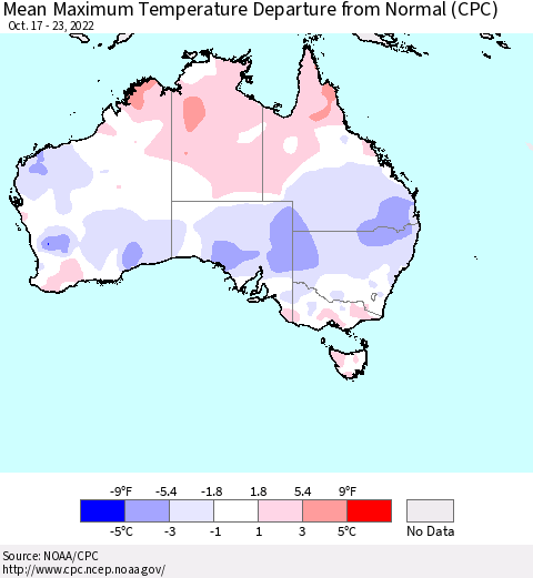 Australia Mean Maximum Temperature Departure from Normal (CPC) Thematic Map For 10/17/2022 - 10/23/2022