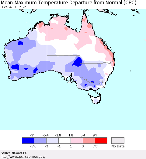 Australia Mean Maximum Temperature Departure from Normal (CPC) Thematic Map For 10/24/2022 - 10/30/2022