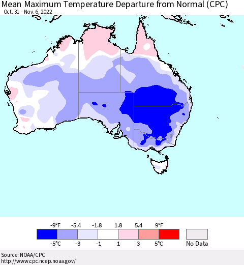 Australia Mean Maximum Temperature Departure from Normal (CPC) Thematic Map For 10/31/2022 - 11/6/2022