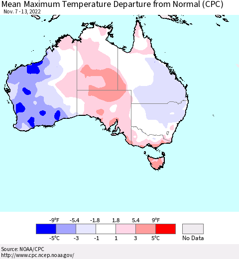 Australia Mean Maximum Temperature Departure from Normal (CPC) Thematic Map For 11/7/2022 - 11/13/2022