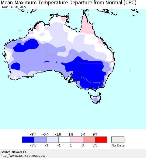 Australia Mean Maximum Temperature Departure from Normal (CPC) Thematic Map For 11/14/2022 - 11/20/2022