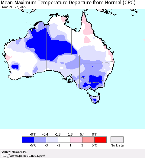 Australia Mean Maximum Temperature Departure from Normal (CPC) Thematic Map For 11/21/2022 - 11/27/2022
