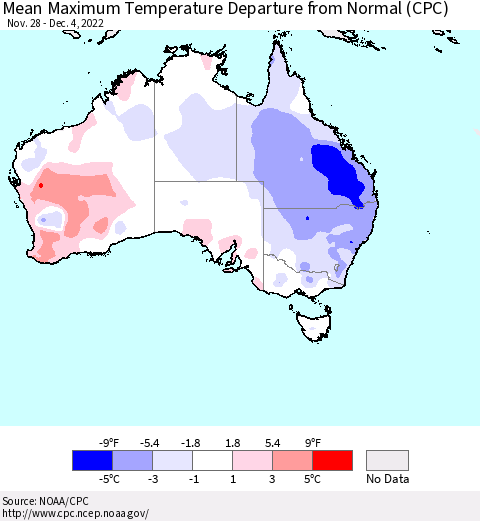 Australia Mean Maximum Temperature Departure from Normal (CPC) Thematic Map For 11/28/2022 - 12/4/2022