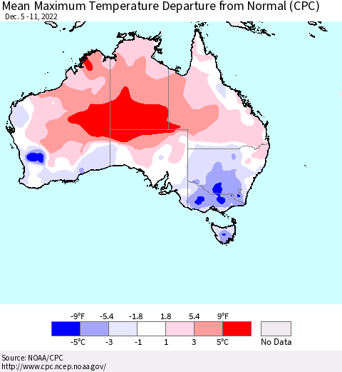 Australia Mean Maximum Temperature Departure from Normal (CPC) Thematic Map For 12/5/2022 - 12/11/2022