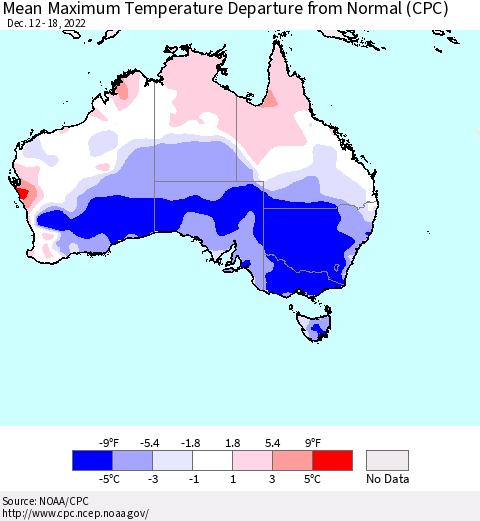 Australia Mean Maximum Temperature Departure from Normal (CPC) Thematic Map For 12/12/2022 - 12/18/2022