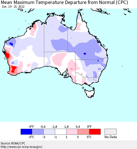 Australia Mean Maximum Temperature Departure from Normal (CPC) Thematic Map For 12/19/2022 - 12/25/2022