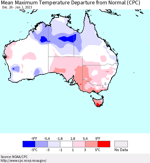 Australia Mean Maximum Temperature Departure from Normal (CPC) Thematic Map For 12/26/2022 - 1/1/2023