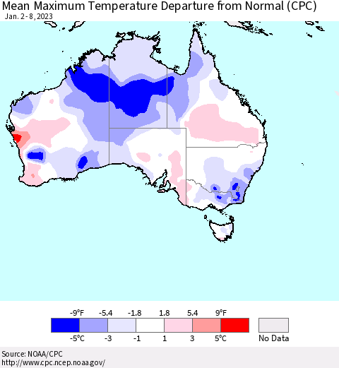 Australia Mean Maximum Temperature Departure from Normal (CPC) Thematic Map For 1/2/2023 - 1/8/2023
