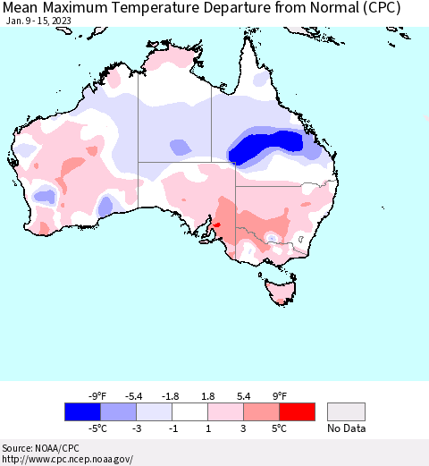 Australia Mean Maximum Temperature Departure from Normal (CPC) Thematic Map For 1/9/2023 - 1/15/2023