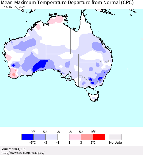Australia Mean Maximum Temperature Departure from Normal (CPC) Thematic Map For 1/16/2023 - 1/22/2023