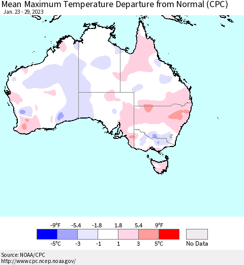 Australia Mean Maximum Temperature Departure from Normal (CPC) Thematic Map For 1/23/2023 - 1/29/2023