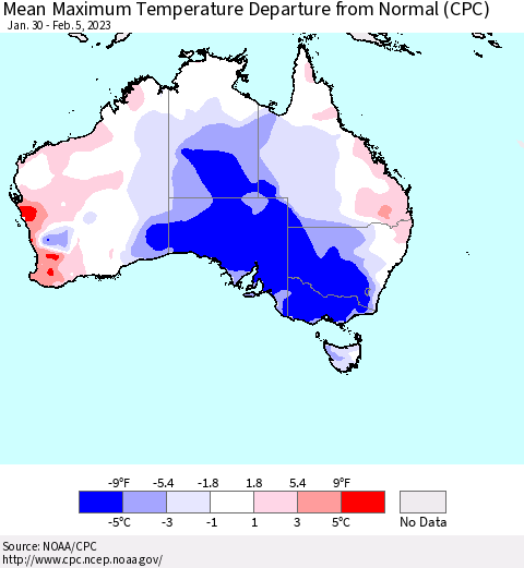 Australia Mean Maximum Temperature Departure from Normal (CPC) Thematic Map For 1/30/2023 - 2/5/2023