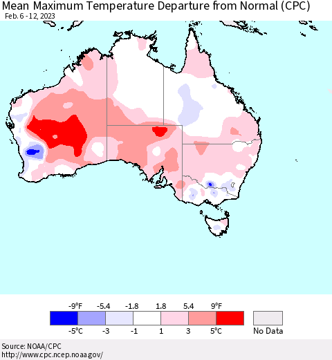 Australia Mean Maximum Temperature Departure from Normal (CPC) Thematic Map For 2/6/2023 - 2/12/2023