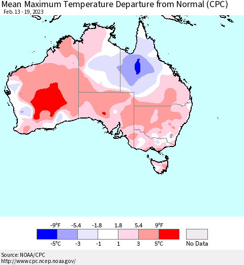 Australia Mean Maximum Temperature Departure from Normal (CPC) Thematic Map For 2/13/2023 - 2/19/2023