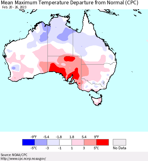 Australia Mean Maximum Temperature Departure from Normal (CPC) Thematic Map For 2/20/2023 - 2/26/2023