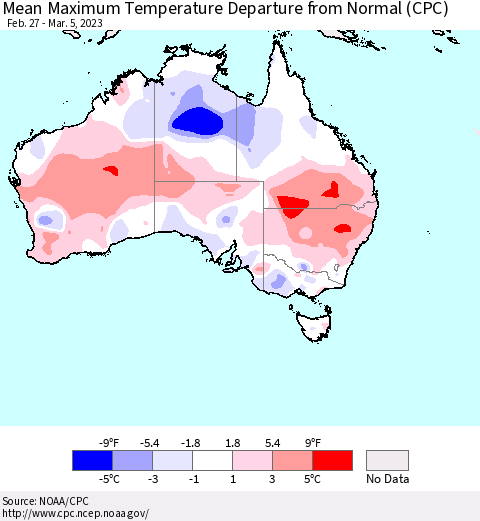 Australia Mean Maximum Temperature Departure from Normal (CPC) Thematic Map For 2/27/2023 - 3/5/2023