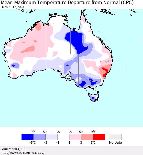 Australia Mean Maximum Temperature Departure from Normal (CPC) Thematic Map For 3/6/2023 - 3/12/2023
