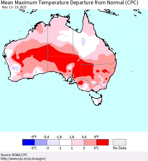 Australia Mean Maximum Temperature Departure from Normal (CPC) Thematic Map For 3/13/2023 - 3/19/2023