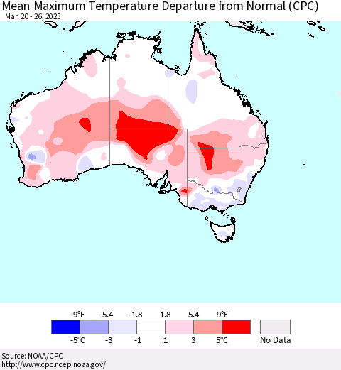 Australia Mean Maximum Temperature Departure from Normal (CPC) Thematic Map For 3/20/2023 - 3/26/2023