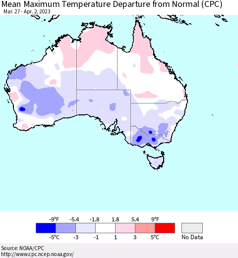 Australia Mean Maximum Temperature Departure from Normal (CPC) Thematic Map For 3/27/2023 - 4/2/2023