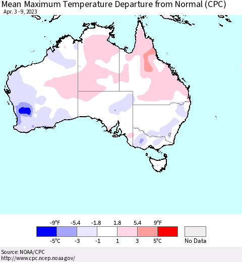 Australia Mean Maximum Temperature Departure from Normal (CPC) Thematic Map For 4/3/2023 - 4/9/2023