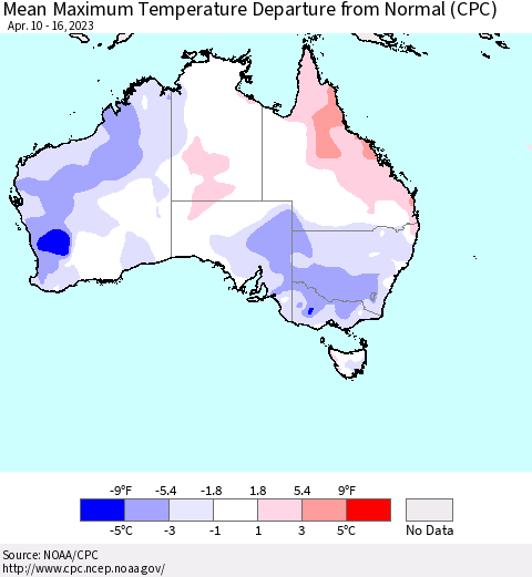 Australia Mean Maximum Temperature Departure from Normal (CPC) Thematic Map For 4/10/2023 - 4/16/2023