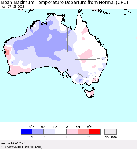 Australia Mean Maximum Temperature Departure from Normal (CPC) Thematic Map For 4/17/2023 - 4/23/2023