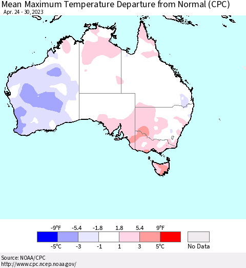 Australia Mean Maximum Temperature Departure from Normal (CPC) Thematic Map For 4/24/2023 - 4/30/2023