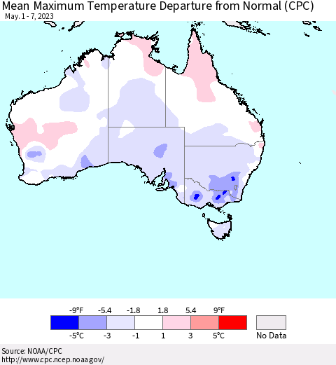Australia Mean Maximum Temperature Departure from Normal (CPC) Thematic Map For 5/1/2023 - 5/7/2023