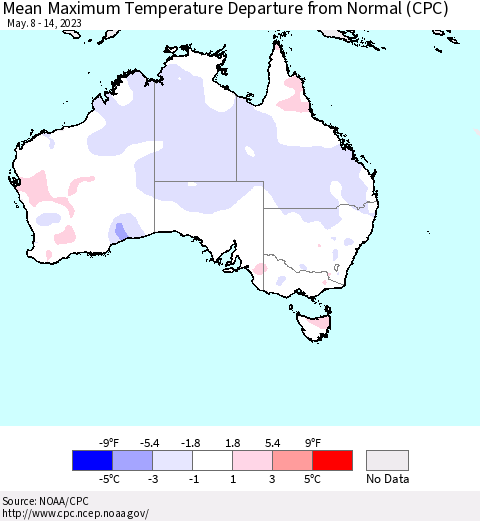 Australia Mean Maximum Temperature Departure from Normal (CPC) Thematic Map For 5/8/2023 - 5/14/2023