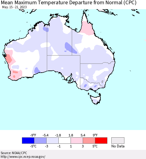 Australia Mean Maximum Temperature Departure from Normal (CPC) Thematic Map For 5/15/2023 - 5/21/2023